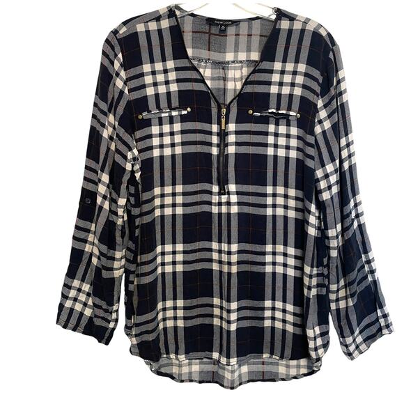 New Look Zip Popover Top Womens XL Navy & White Plaid Flannel Casual Henley - Picture 1 of 7